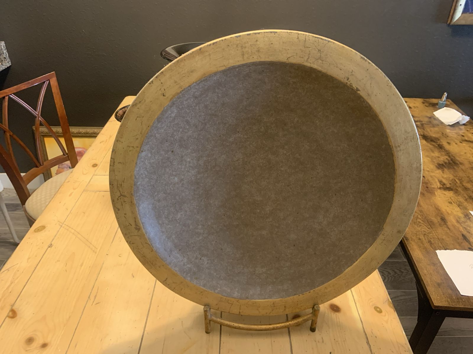 Large Round Decorative Gold Rimmed Bowl/Tray on Stand - Home Decor Accent Piece