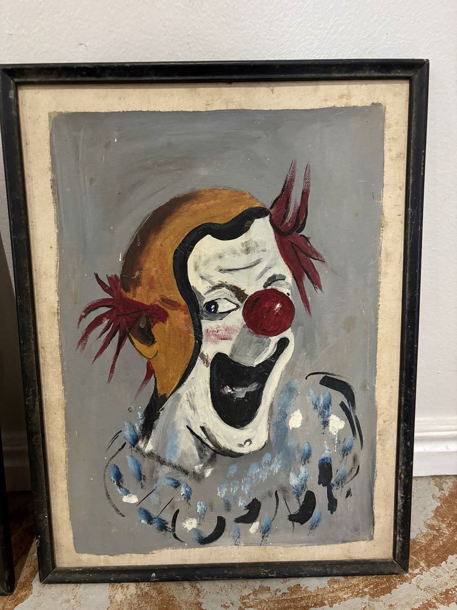 Pair of Original Vintage Expressionist Clown Paintings