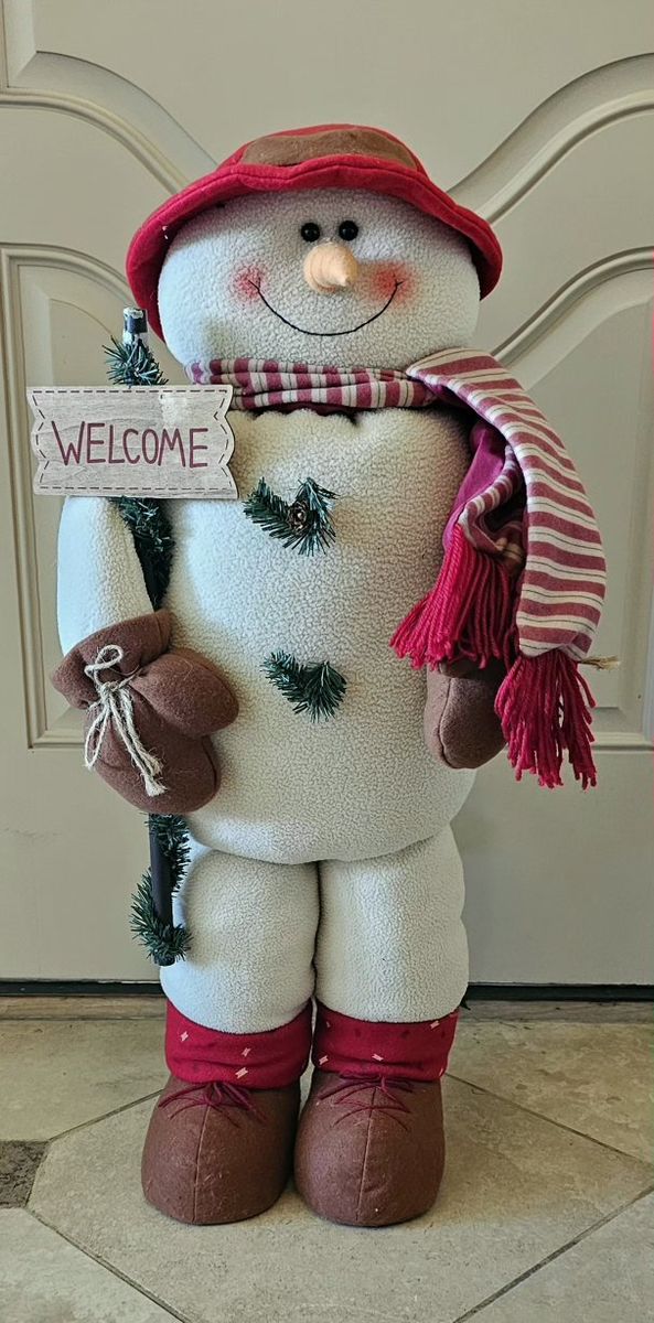 Plush Snowman Welcome Decoration with Red Hat and Scarf 33"T