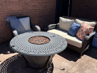 Outdoor Patio Furniture Set - Wicker Sofa, Armchair, and Fire Pit Table