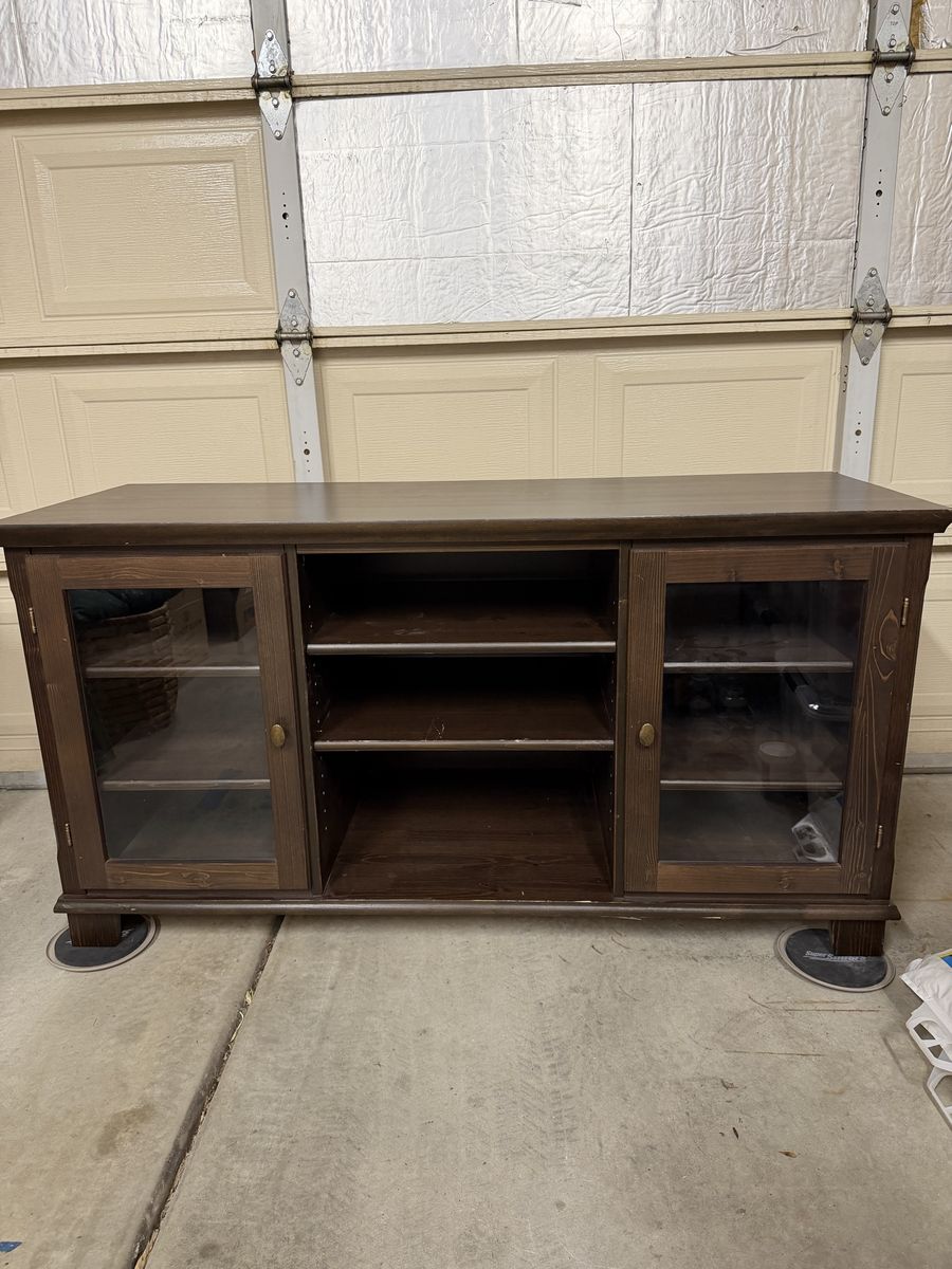 Dark Wood IKEA TV Stand Media Console with Glass Cabinet Doors and Open Shelving