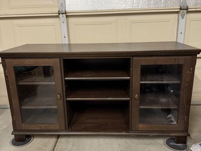 Dark Wood IKEA TV Stand Media Console with Glass Cabinet Doors and Open Shelving