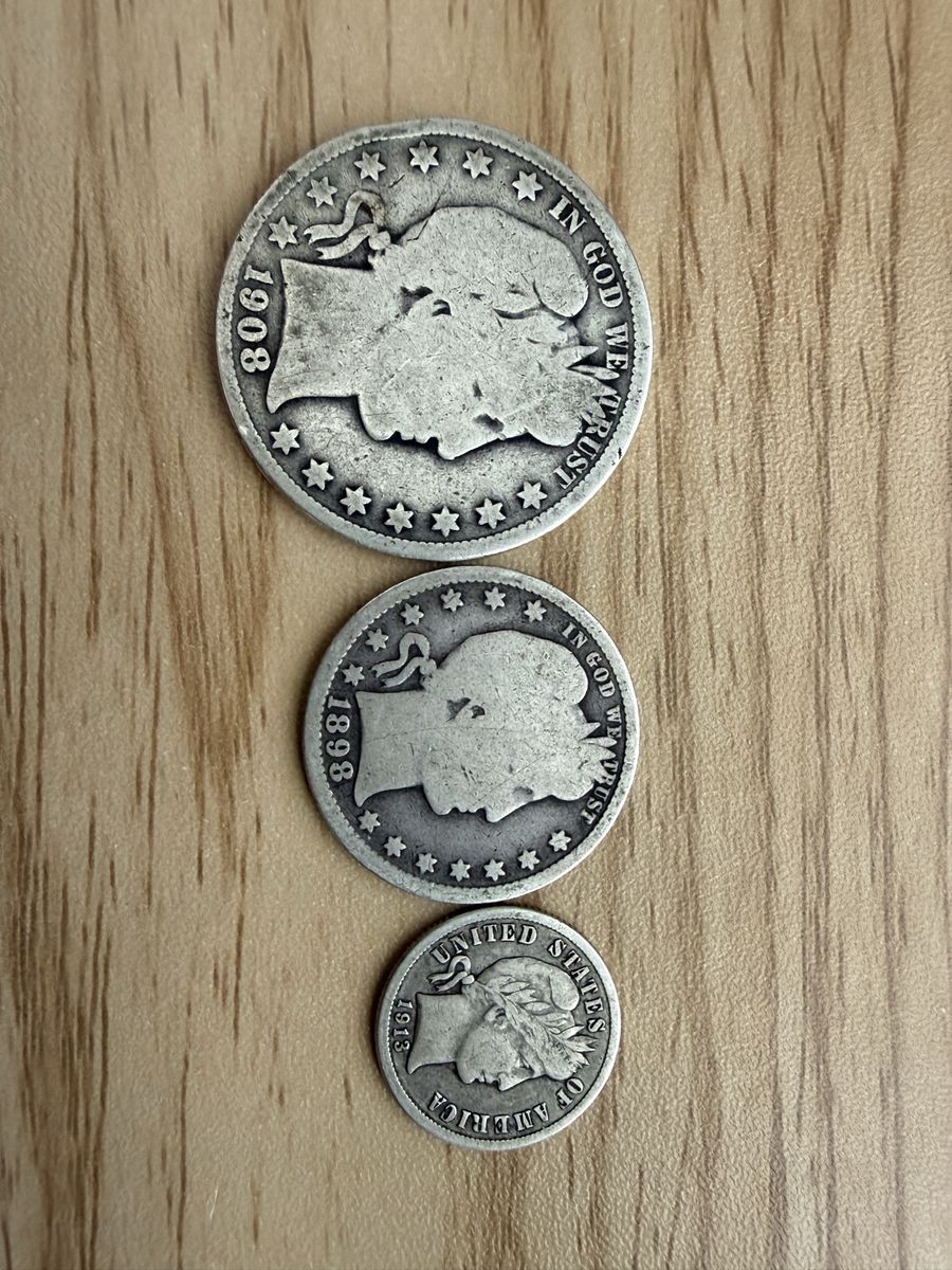 US Barber Silver Coin Set 1908 Half Dollar 1898 Quarter 1913 Dime 