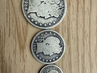 US Barber Silver Coin Set 1908 Half Dollar 1898 Quarter 1913 Dime
