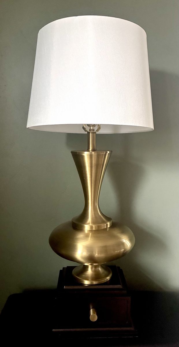 Vintage 32” Brass Urn Table Lamp with Wooden Drawer Base – Hollywood Regency