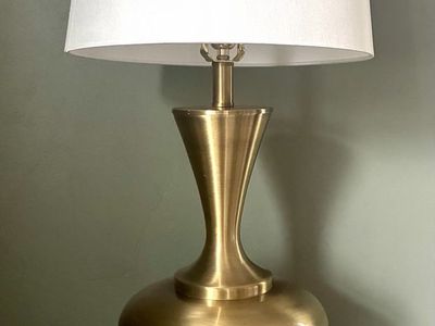 Vintage 32” Brass Urn Table Lamp with Wooden Drawer Base – Hollywood Regency
