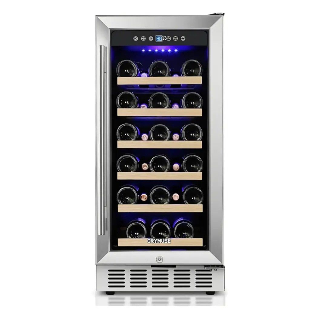 15 Inch Wine Cooler Under Counter, 30 Bottle Wine Fridge with Stainless Steel Glass Door, Built-In or