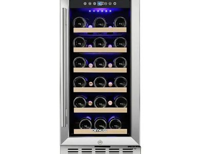 15 Inch Wine Cooler Under Counter, 30 Bottle Wine Fridge with Stainless Steel Glass Door, Built-In or
