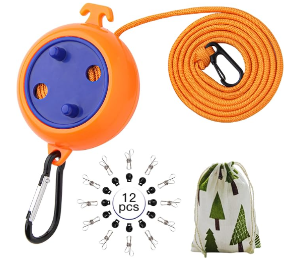 Portable Retractable Clothesline with 12 Clips & Storage Bag - Orange Camping Laundry Line-Section A