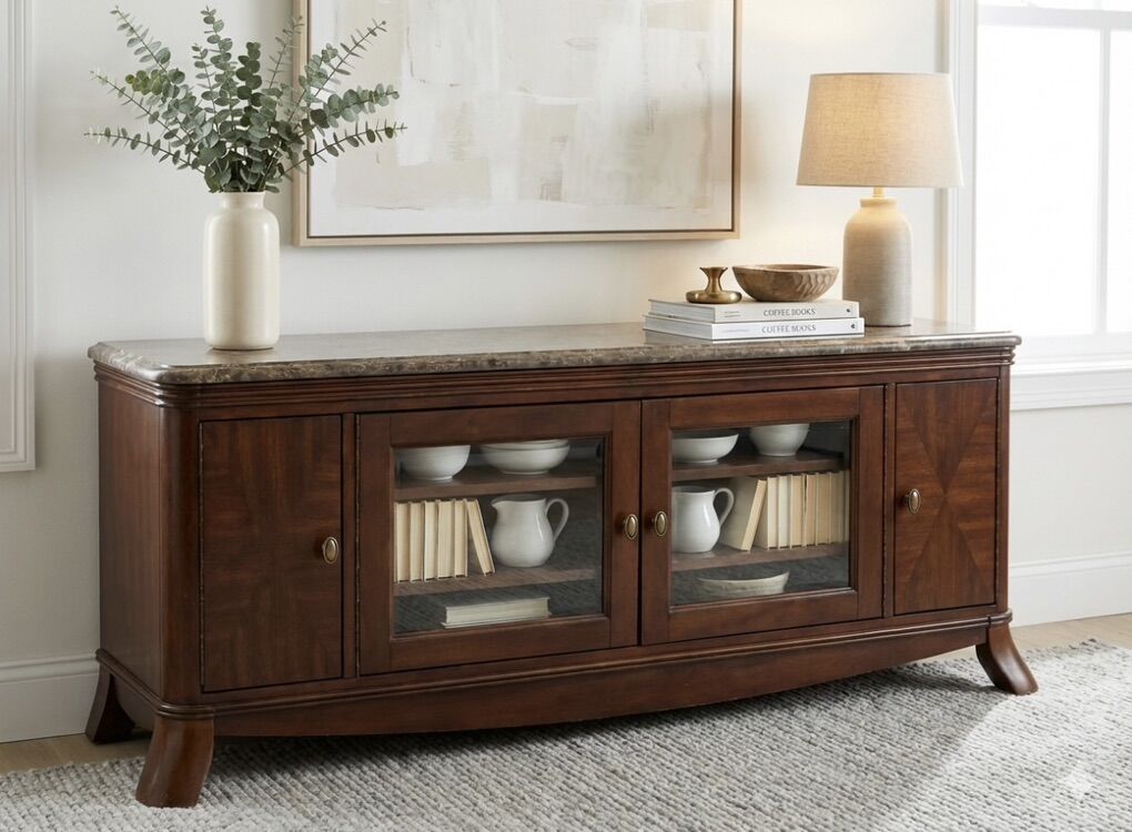 Mid Century Modern TV Stand Solid Wood With Marble