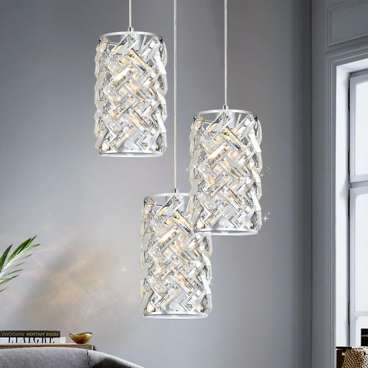 NEW 3-Light Modern Crystal Pendant Light, Chrome Mini Chandelier – Adjustable Cluster Pendant Light