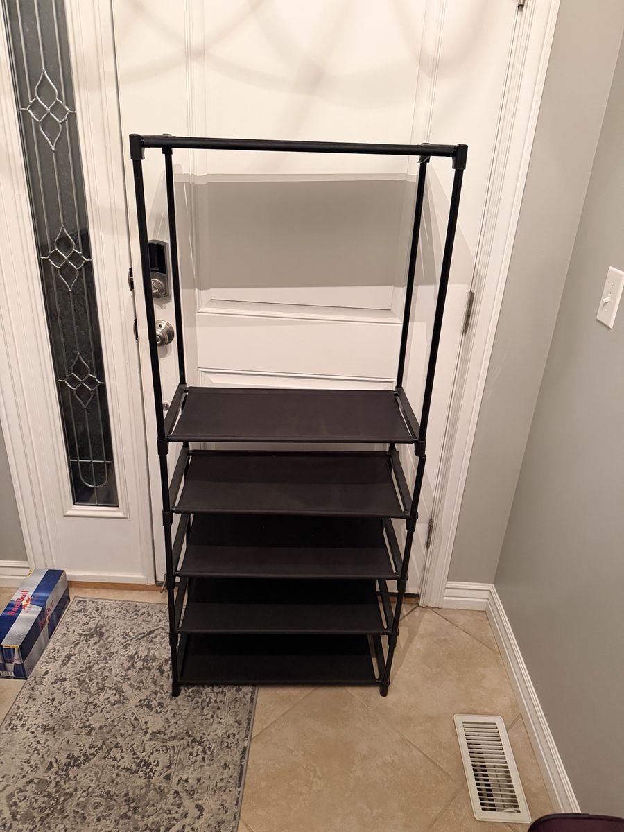 Freestanding Black Metal & Fabric Garment Rack with 5 Shelves