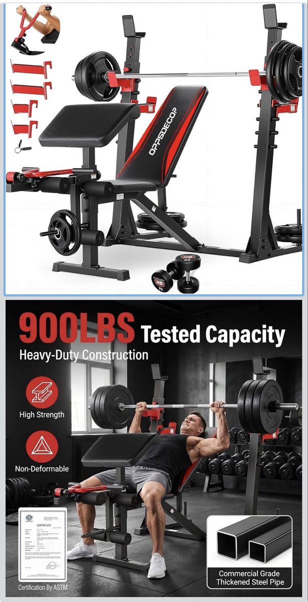 Multi-Purpose Adjustable Weight Bench with Squat Rack, Preacher Curl, Leg Extension - Brand New, Assembled (weights not included