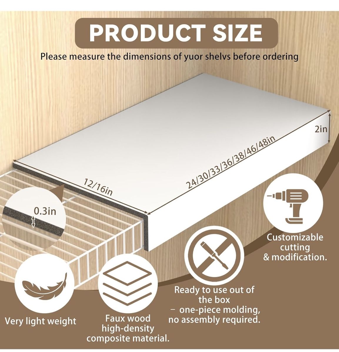 White Faux Wood Wire Shelf Covers - Lightweight Composite Pantry Shelf Cover Set