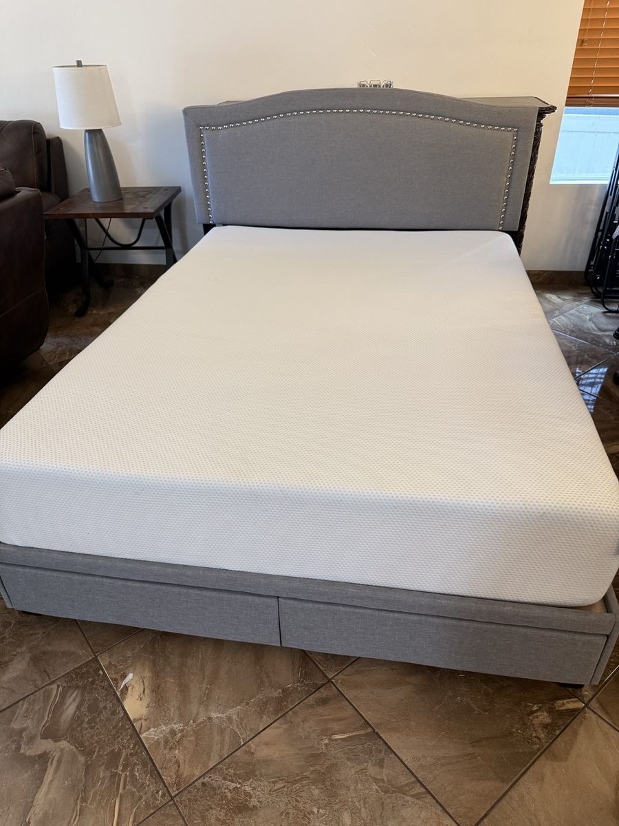 Upholstered Storage Bed Frame with Nailhead Trim and Mattress $200