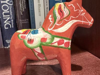 Hand-Carved Wooden Dala Horse Figurine, Red with Floral Motif - Small Swedish Folk Art