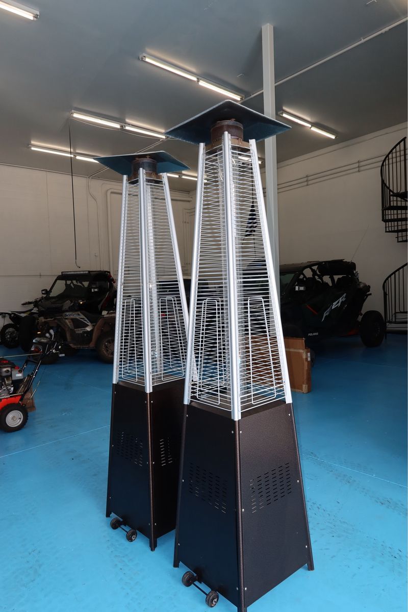 Pair of Outdoor Patio Propane Heaters - Pyramid Flame Style, Mobile