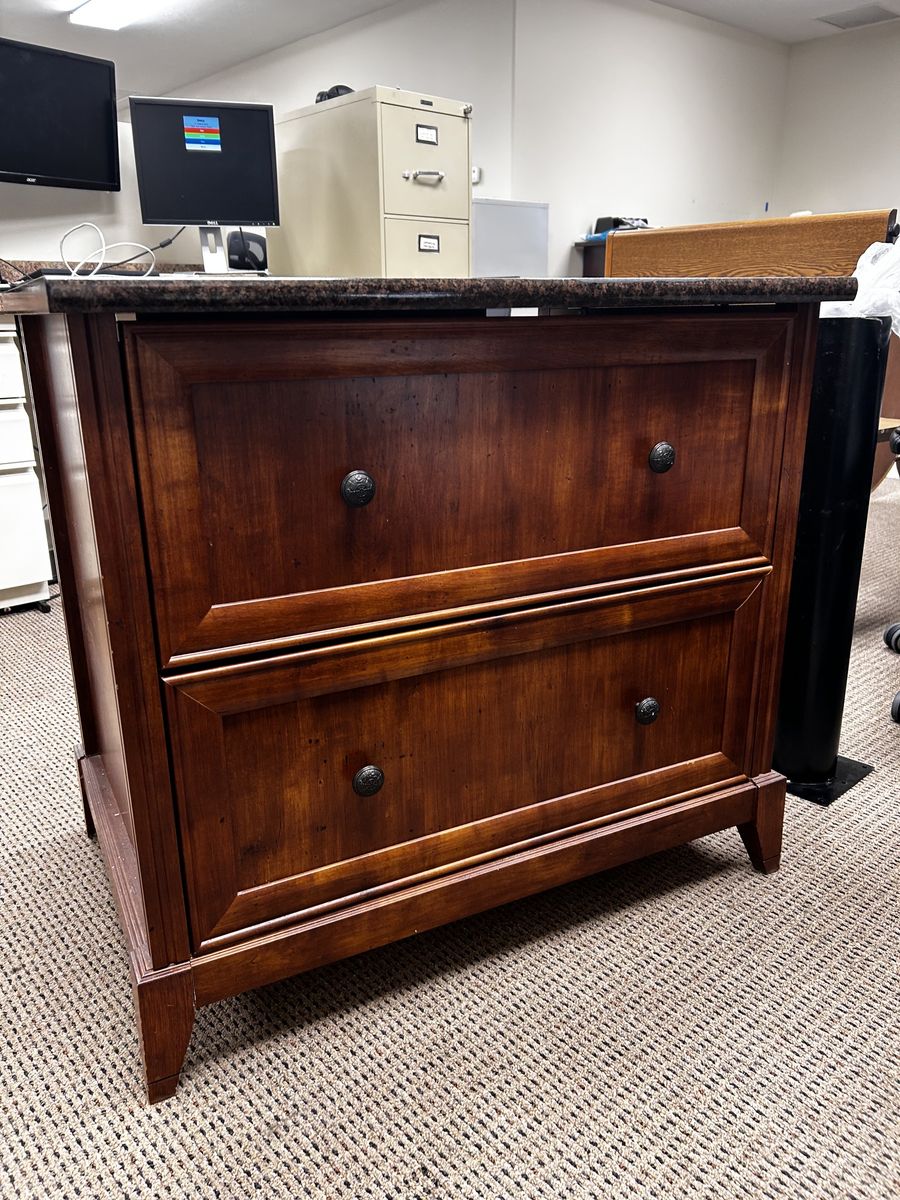 Elegant 2-Drawer Wooden File Cabinet with Ornate Hardware - Office/Home Storage