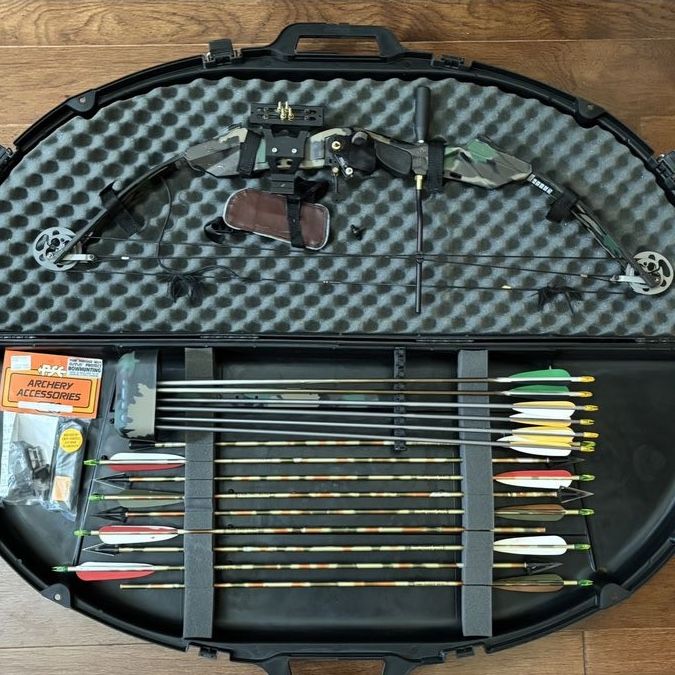 PSE 70-80# Draw Camo Compound Hunting Bow Set with Arrows, Quiver, Case, and Accessories