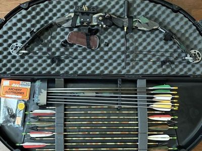 PSE 70-80# Draw Camo Compound Hunting Bow Set with Arrows, Quiver, Case, and Accessories