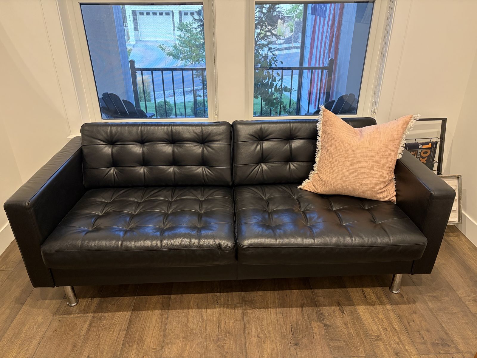 Black Faux Leather Tufted Sofa / Futon with Chrome Legs