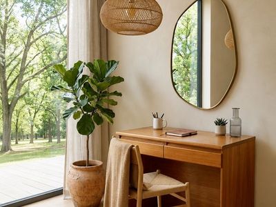 Vintage Danish Mid Century 2-Drawer Teak Writing Desk or Vanity w/Integrated Finger Pulls by FBJ Møbler • Made in Denmark