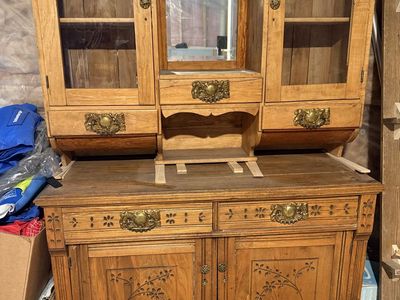 Antique Wooden Hutch Buffet with Glass Cabinets, Mirror, & Intricate Carvings