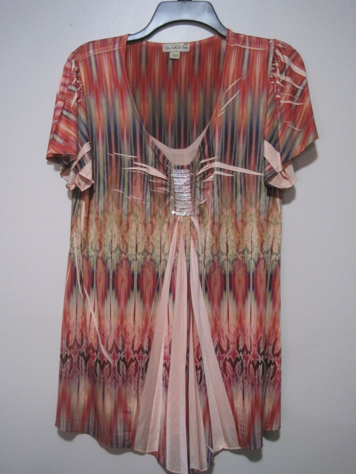 One World Live and Let Live Tunic Shirt Womens Medium Boho Floral Beaded Ruched