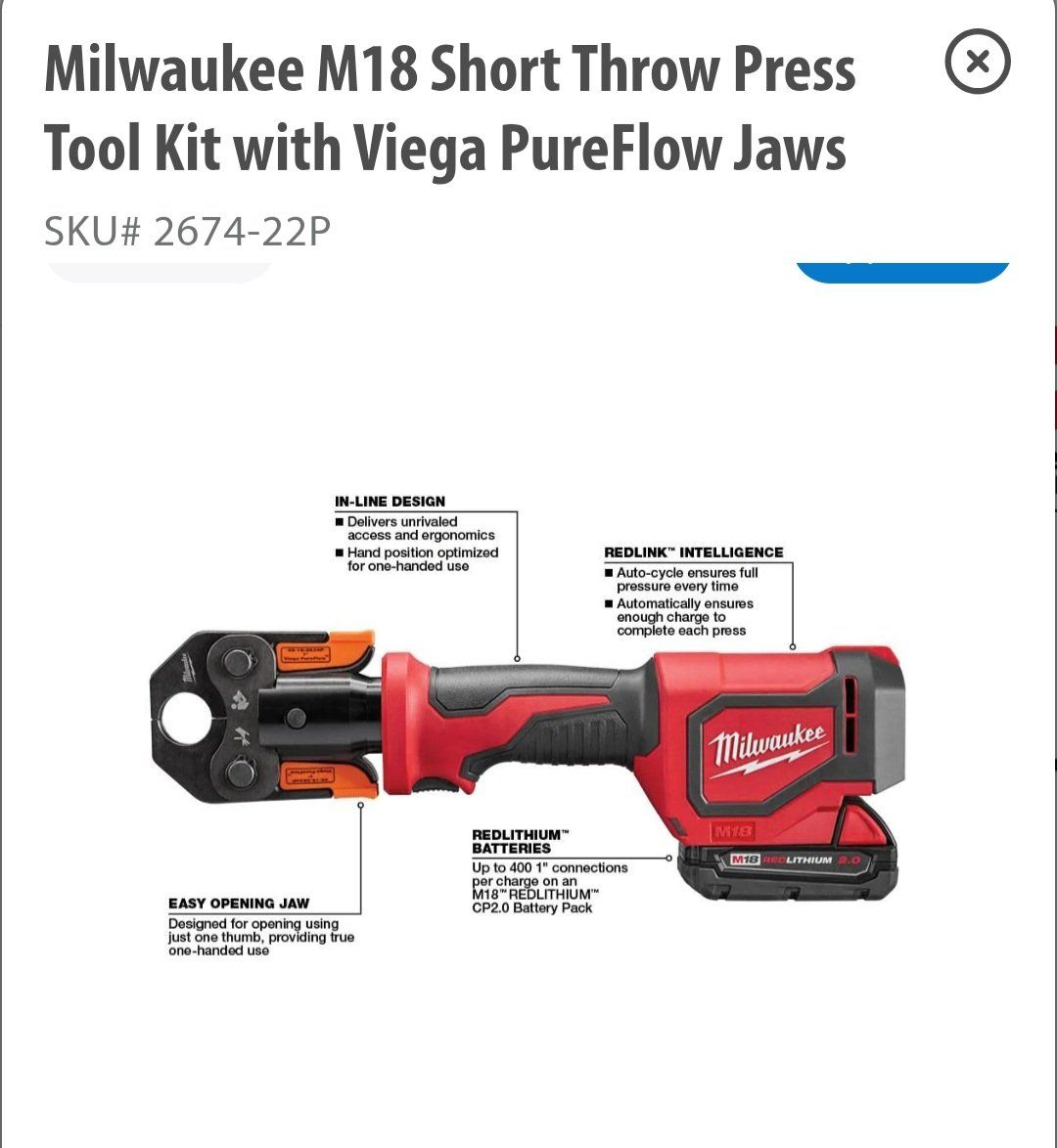 Milwaukee M18 Short Throw Press Tool Kit 2674-22P with Viega PureFlow Jaws