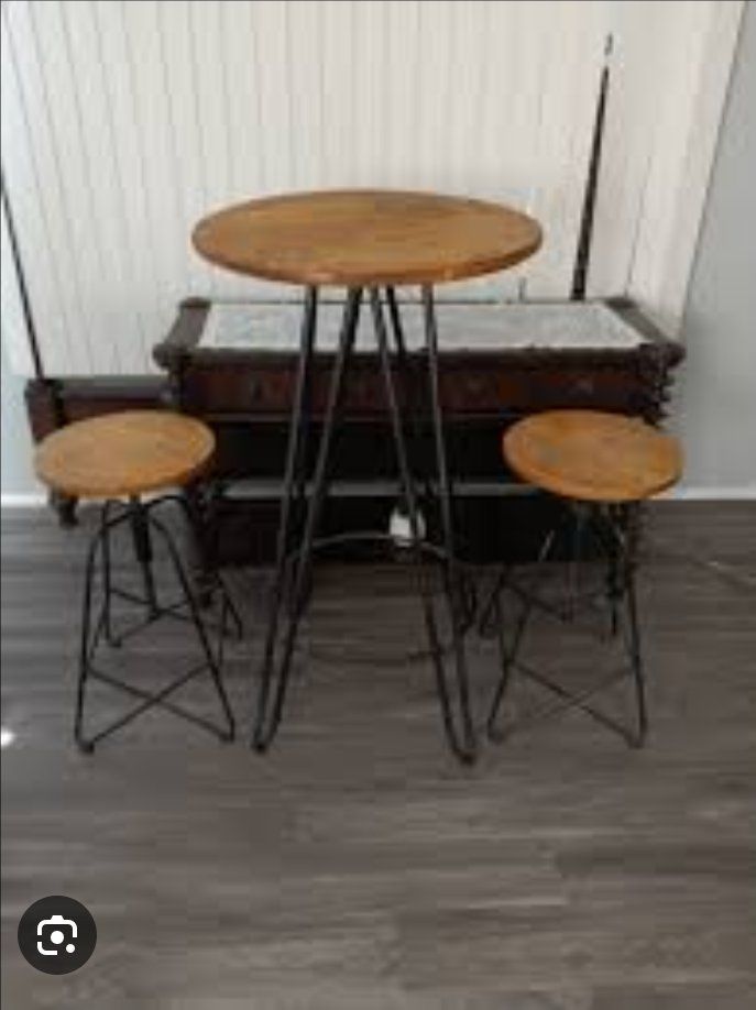 Industrial Style Round Wood Top Bar Table & 2 Stools - Metal Base, Light Brown