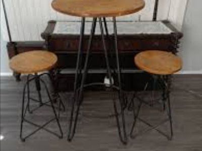 Industrial Style Round Wood Top Bar Table & 2 Stools - Metal Base, Light Brown