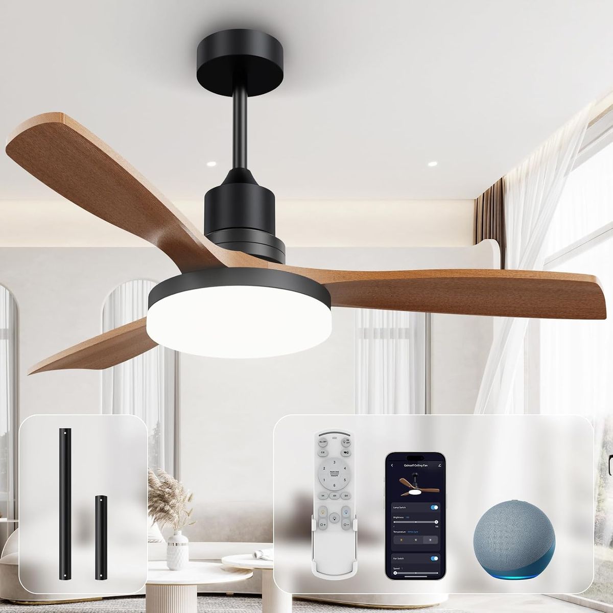 52'' Smart Solid Walnut Wood Flush Mount Ceiling Fan w/ Remote APP Control Alexa