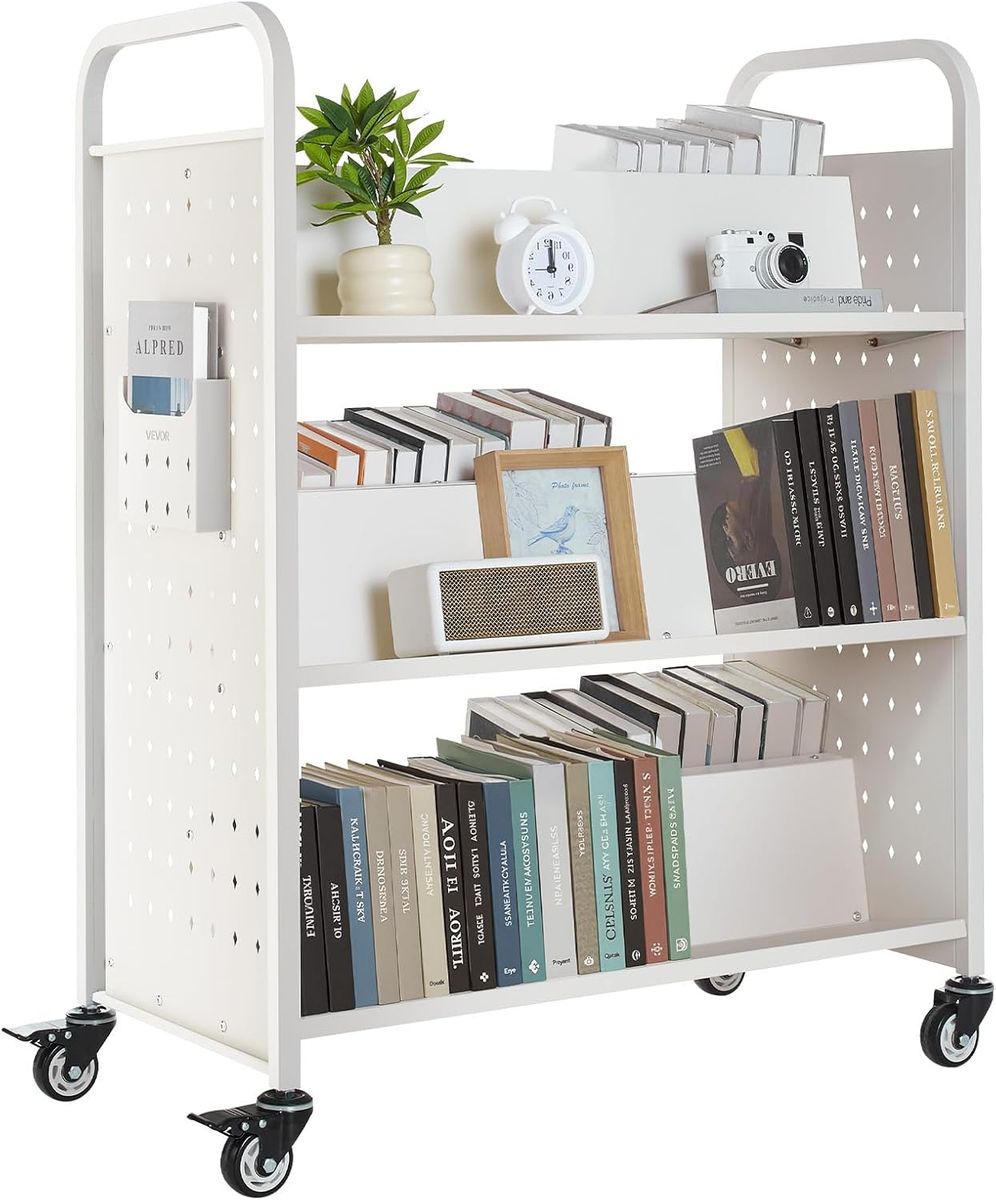 VEVOR Book Cart, 330 lb, 39.4x20.1x49.2, Casters, Slanted Double Sided shelves