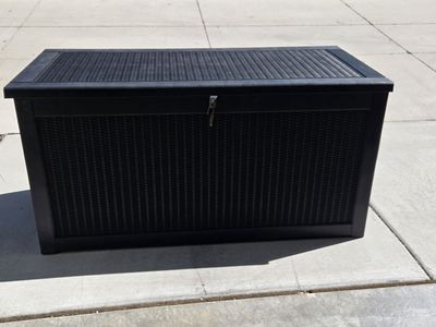 Large Black Outdoor Storage Deck Box - Wicker Pattern Plastic new fully assembled