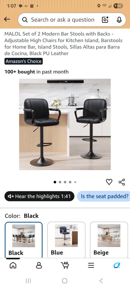 NIB- Set of 2 Modern Bar Stools with Backs and Arms- Black