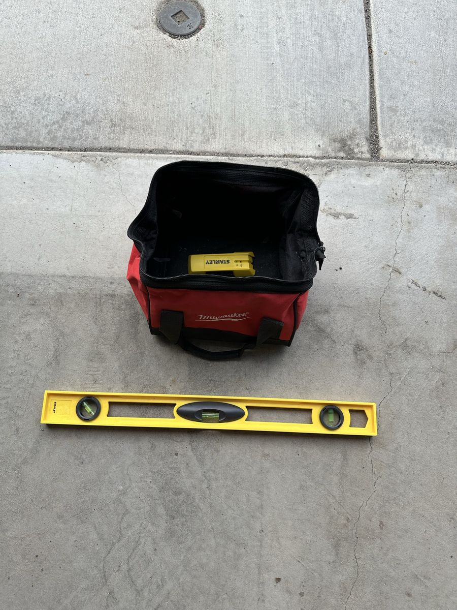 Stanley Fatmax Laser Level & Milwaukee Tool Bag, Tape Measure, Yellow/Red, Great Condition