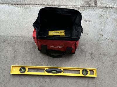 Stanley Fatmax Laser Level & Milwaukee Tool Bag, Tape Measure, Yellow/Red, Great Condition