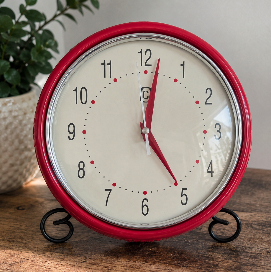 Vintage Red Retro Wall Clock – 9.7" Round Battery Operated Clock | Working Great | Mid-Century Style Decor