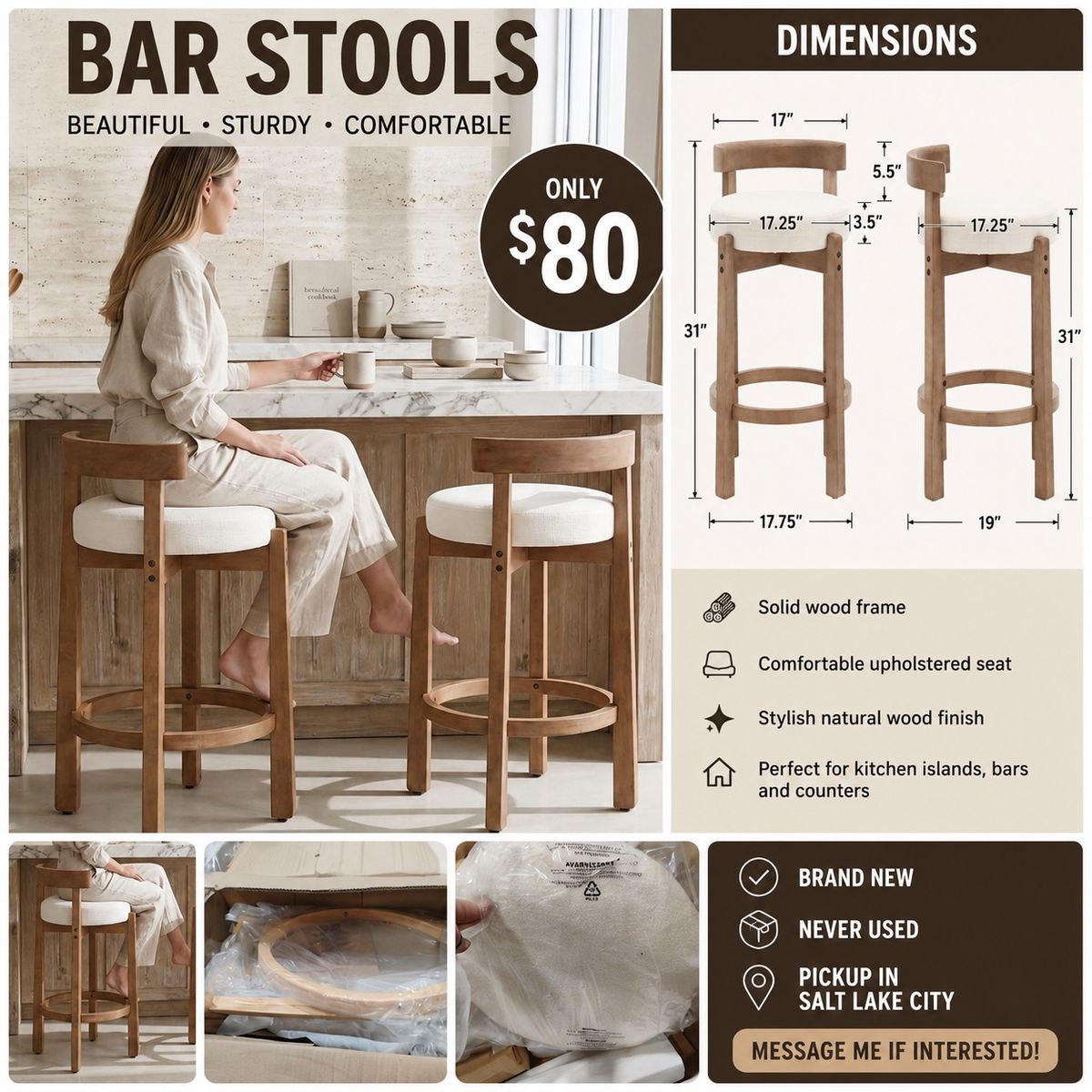 Set of 2 Modern Wooden Bar Stools with Upholstered Cushions