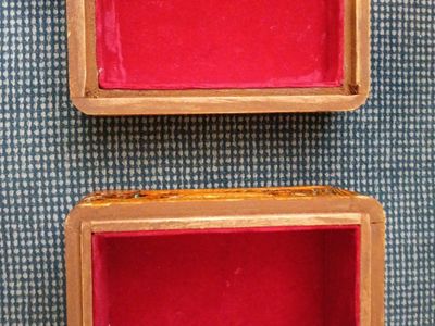 Vintage Hand-Carved Wooden Box with Velvet Lining - Nautical Ship Design