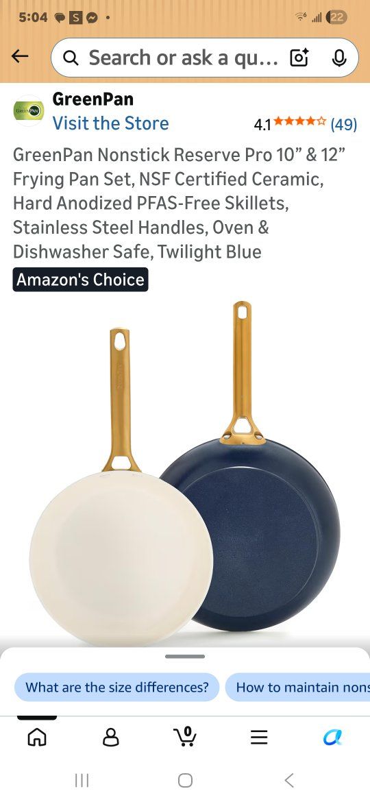 GreenPan Nonstick Reserve Pro 10” & 12” Frying Pan Set, Navy