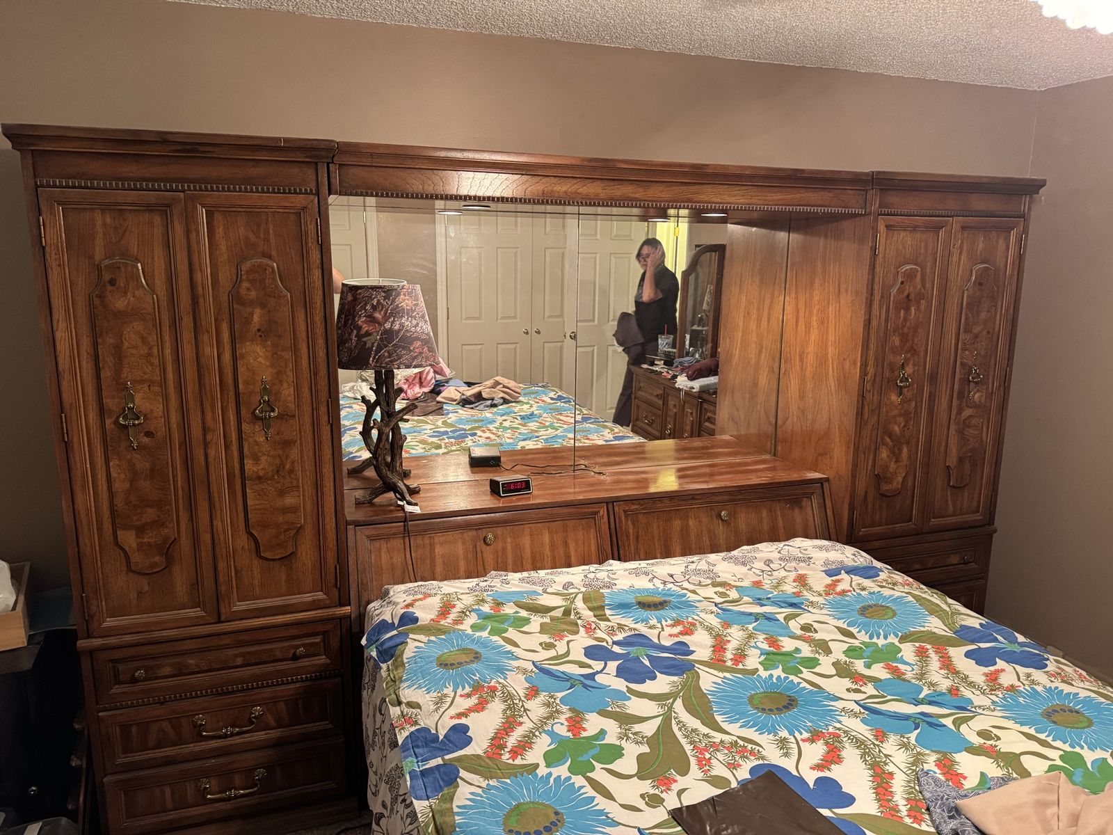 Large Wooden Bedroom Headboard Wall Unit with Wardrobes and Mirror Queen Size