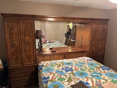 Large Wooden Bedroom Headboard Wall Unit with Wardrobes and Mirror Queen Size