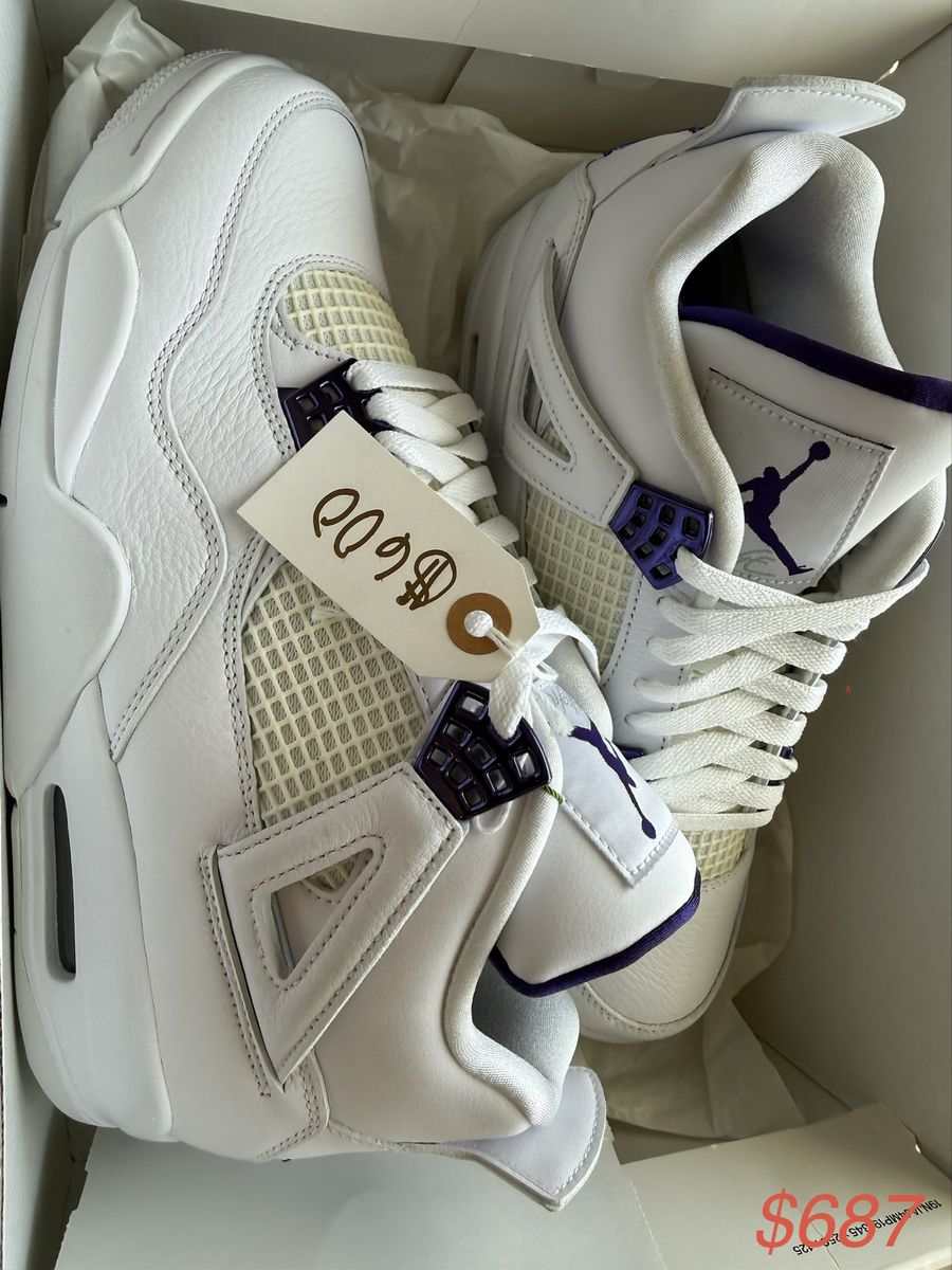 New Air Jordan 4 Retro Metallic Purple GS Sneakers - White/Court Purple CU1110-100, US Size 10