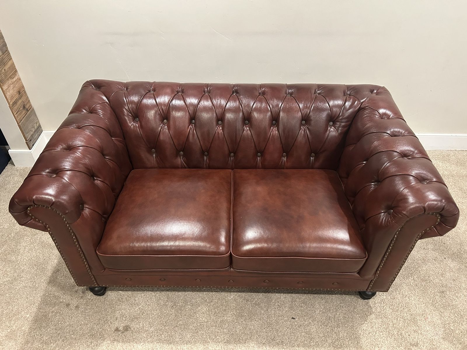 Chesterfield Brown Leather Loveseat Tufted Sofa with Nailhead Trim