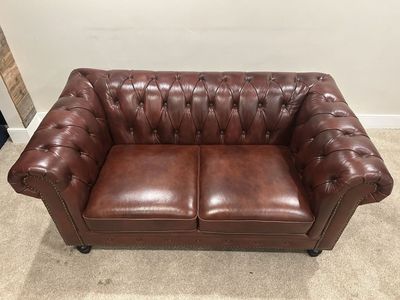 Chesterfield Brown Leather Loveseat Tufted Sofa with Nailhead Trim