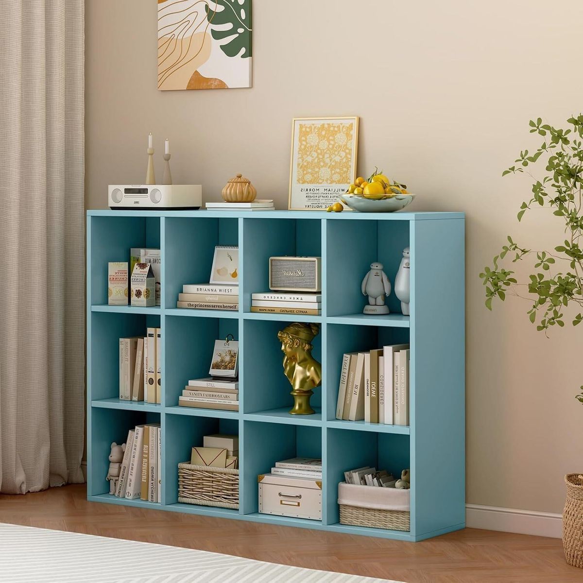12-Cube Storage Shelf Bookcase, Light Blue | Wooden 3-Tier Open Bookshelf, Fits 11×11" Bins