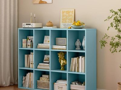 12-Cube Storage Shelf Bookcase, Light Blue | Wooden 3-Tier Open Bookshelf, Fits 11×11" Bins