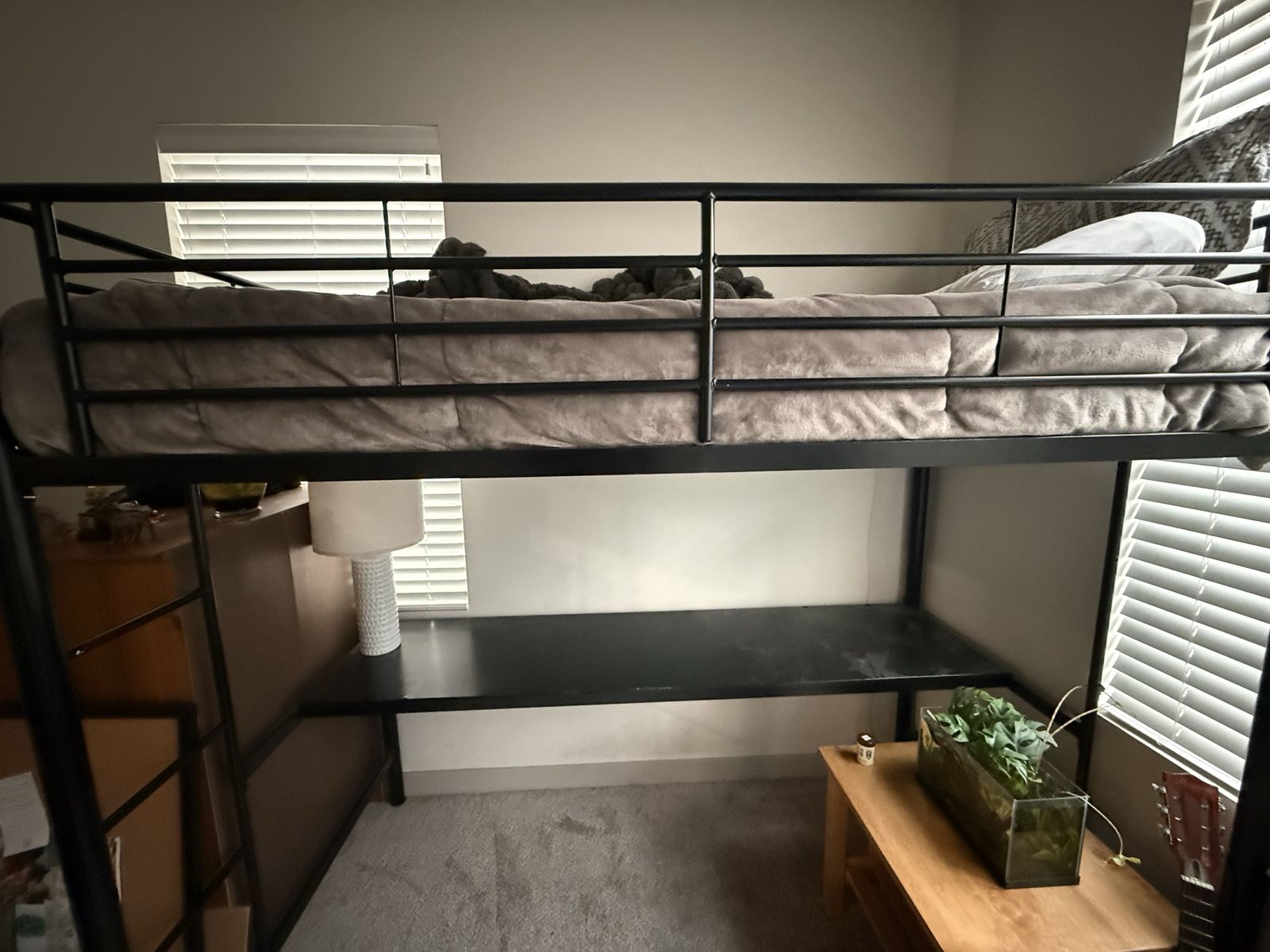 Black Metal Loft Bed Frame with Integrated Desk - Space Saving Design for Small Rooms