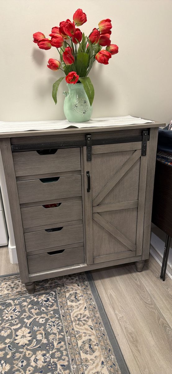 Farmhouse Gray Wood Storage Cabinet with Barn Door and 4 Drawers